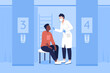 Taking medical sample flat color vector illustration. Health checkup. Clinical diagnostics. Patient and doctor 2D cartoon characters with hospital space blue interior on background