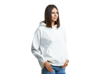 Canvas Print - Young woman in white hoodie isolated