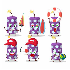 Poster - Happy Face purple firecracker cartoon character playing on a beach