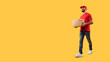 Middle-Eastern Courier Man Carrying Cardboard Box Delivering Package, Yellow Background