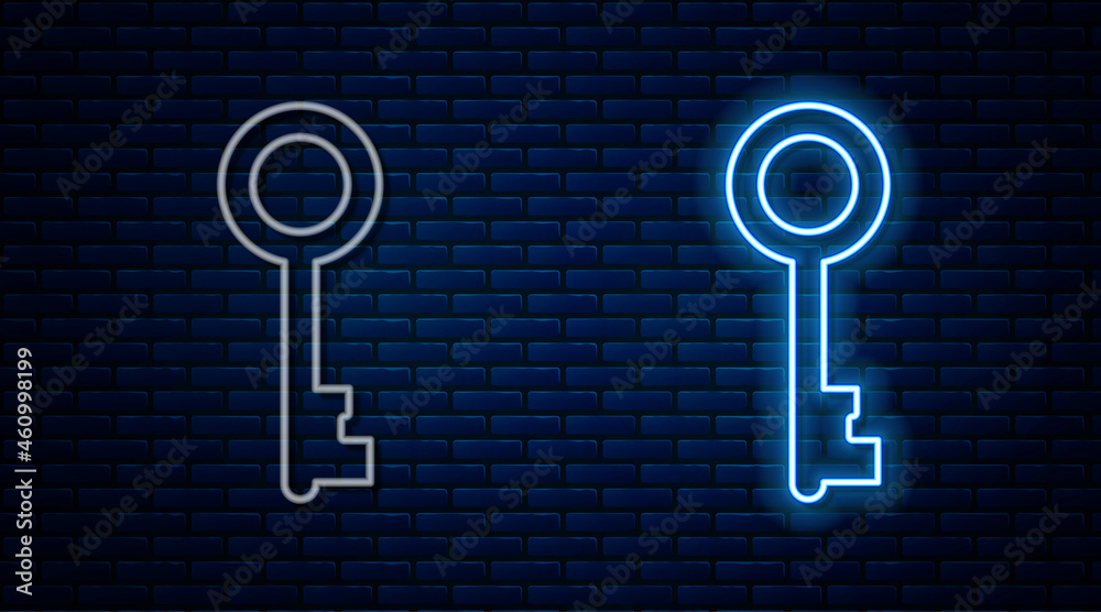 Glowing neon line Old key icon isolated on brick wall background ...