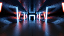 Three Dimensional Render Of Mysterious Gate Glowing At End Of Futuristic Corridor Illuminated By Blue And Orange Neon Lighting