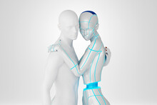 Three Dimensional Render Of Gynoid Leaning On Male Mannequin