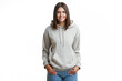© Kalim - Young woman in gray hoodie isolated