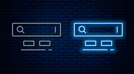 Glowing neon line Search engine icon isolated on brick wall background. Vector