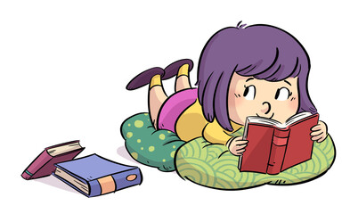 Illustration of little girl lying between cushions reading books