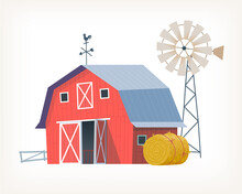Classic Red Wooden Farm Barn Building With Weather Vane On Top Windmill And Hay Roll Near It. Isolated Vector Illustration Of Farmland Countryside View.