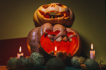 Pumpkins decorated with faces with eyes and mouths