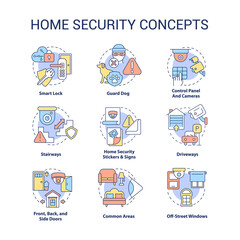  Home security concept icons set. Smart house idea thin line color illustrations. Camera surveillance. Internet of things. Burglary prevention. Vector isolated outline drawings. Editable stroke