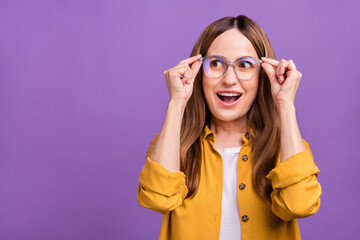 Sticker - Photo of aged wondered lady economist curious surprised look empty space vision news isolated over violet color background