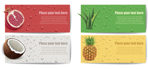 Wall Mural - many fresh drops on different colour backgrounds with pineapple, coconut, aloe vera, pomegranate