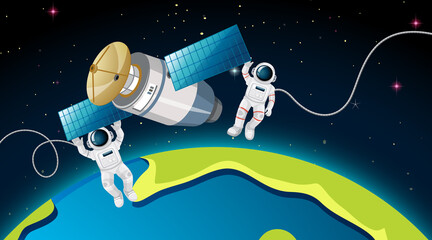 Wall Mural - Two astronauts and satellite in space scene