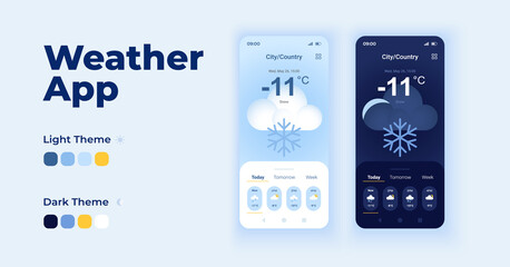 Wall Mural - Weather check cartoon smartphone interface vector templates set. Winter overcast. Mobile app screen page day and dark mode design. Forecast UI for application. Phone display with flat character