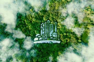 Wall Mural - a city-shaped lake in the middle of a lush forest as a metaphor for eco-friendly urbanism and modern