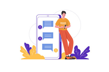 Poster - Internet communication concept. Man sends messages and chats in messenger with friends in mobile application. Social media users chat people scene isolated. Vector illustration in flat minimal design