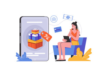 Poster - Internet marketing concept. Woman buys goods or services online, receives gifts and discounts, people scene isolated. Promotion and customer attracting. Vector illustration in flat minimal design
