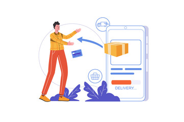 Poster - Internet delivery service concept. Man makes purchase and receives order using mobile application, people scene isolated. Fast shipping, parcel tracking. Vector illustration in flat minimal design