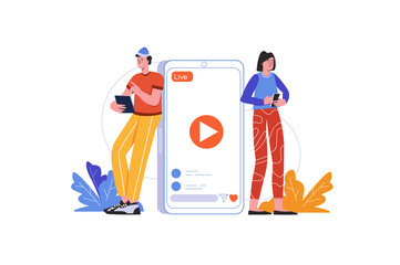 Poster - Followers watch blogger live streaming at mobile phones. Man and woman watching videos, people scene isolated. Online communication and content concept. Vector illustration in flat minimal design