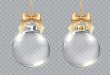 Collection Of Vector Realistic Transparent Christmas Balls With Gold Bows On A Light Abstract Background. Christmas Decoration. 
