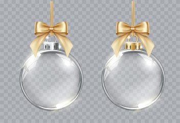 collection of vector realistic transparent christmas balls with gold bows on a light abstract backgr
