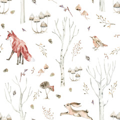  Winter woodland seamless pattern for fabric, Watercolor forest animals seamless digital paper, Natural Christmas repeat pattern for nursery decor, textile, wrapping paper, christmas gifts