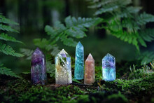 Gemstones Minerals On Mysterious Natural Dark Forest Background. Magic Quartz Crystals For Esoteric Ritual, Witchcraft, Spiritual Practice. Reiki Healing Therapy For Life Balance.
