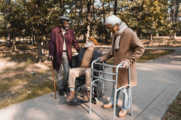 Wall Mural - Cheerful interracial elderly men with wheelchair and walking cane in park