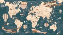 Childrens Retro World Map With Animals And Balloons Wallpaper