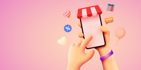Hand holding mobile smart phone with shopp app. Online shopping concept.