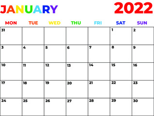 Wall Mural - 2022 Minimalist Rainbow Calendar, Sunday Start Printable Calendar, Plain calendar, Dated Monthly Planner, Simple Monthly Organizer, Landscape Monthly Planner 2022