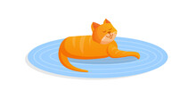 Ginger Cute Cat Lies On A Cozy Carpet. Vector Cartoon Illustration.