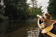 Portrait of a spaniel dog in canoe on the river