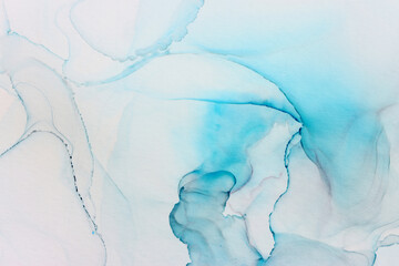 Wall Mural - art photography of abstract fluid alcohol ink painting, blue and turquoise colors with paper texture