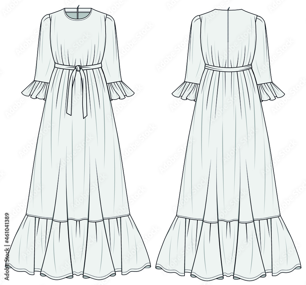 Women Abaya, Long Sleeve Frill Hem Maxi Dress with belt Front and Back  View. fashion illustration vector, CAD, technical drawing, flat drawing.  Stock-vektor | Adobe Stock