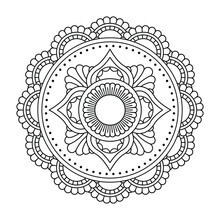 Isolated Flower Mandala In Vector. Round Line Pattern. Vintage Monochrome Element For Coloring Pages And Design