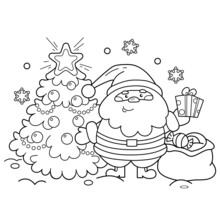 Coloring Page Outline Of Santa Claus With Gifts Bag And Christmas Tree. New Year. Christmas. Coloring Book For Kids