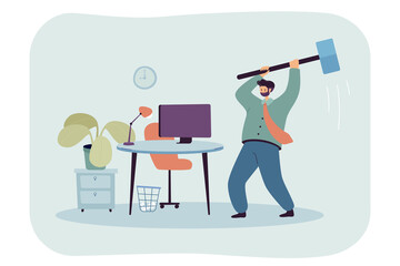 Poster - Angry business person breaking office computer with big hammer. Adult man destroying monitor at work flat vector illustration. Stress, anger concept for banner, website design or landing web page