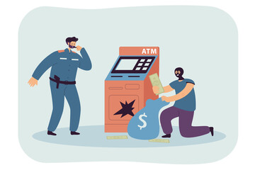 Aufkleber - Police officer character threatening criminal attacking ATM. Fraud robbing automated teller machine flat vector illustration. Security, crime, danger concept for banner, website design or landing page