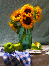 Sunflower Bouquet Painting In Oil. Green Apples Aside.