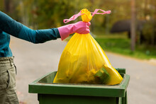 Hand Put A Yellow Plastic Unsorted Garbage Bag Into Trash Bin. Household Waste