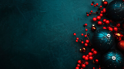 Wall Mural - Blue Christmas or New Year banner background with blue Christmas balls, red berries, top view, place for text