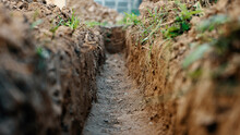 Dig A Trench. Earthworks, Digging Trench. Long Earthen Trench Dug To Lay Pipe Or Optical Fiber. Construction The Sewage And Drainage. View From The Trench. Clay Soil. Part Of The Image Is Blurred