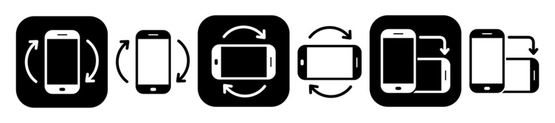 Set of rotate smartphone vector icons. Mobile phone screen rotation. Device rotation signs, rotate smartphone. Horisontal or vertical rotation symbols. Vector illustration.