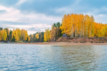 Wall Mural - panoramic view of the bright colorful trees along the bank of the chusovaya river russia perm krai. 