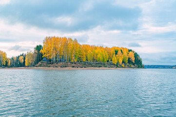 Wall Mural - panoramic view of the bright colorful trees along the bank of the chusovaya river russia perm krai. 
