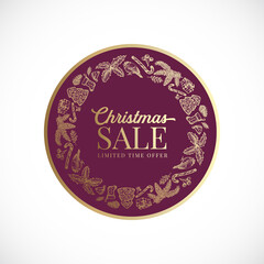 Wall Mural - Christmas and New Year Hand Drawn Greeting Wreath, Frame Banner or Card Template. Abstract Golden Vector Label with Retro Typography and Season Holiday Sketches. Isolated