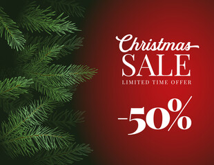 Wall Mural - Christmas Sale Offer Advertising Vector Greeting Card or Poster. Pine Branches Background with Red Copy Space Banner and Typography. Winter Holidays Discount Promo Decoration Template
