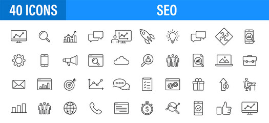 Poster - Set of 24 SEO and Development icons in line style. Contact, Target, Website. Vector illustration