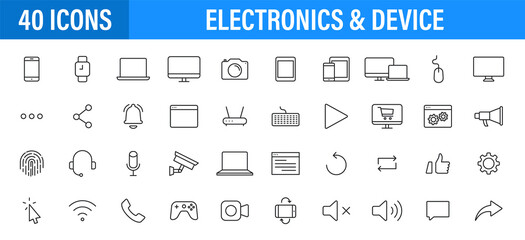 Fototapete - Set of 24 Electronics web icons in line style. Device, phone, laptop, communication, smartphone, ecommerce Vector illustration