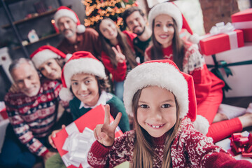 Poster - Photo of wife husband retired pensioner married small preteen school people xmas wear santa claus hat v-sign make selfie indoors